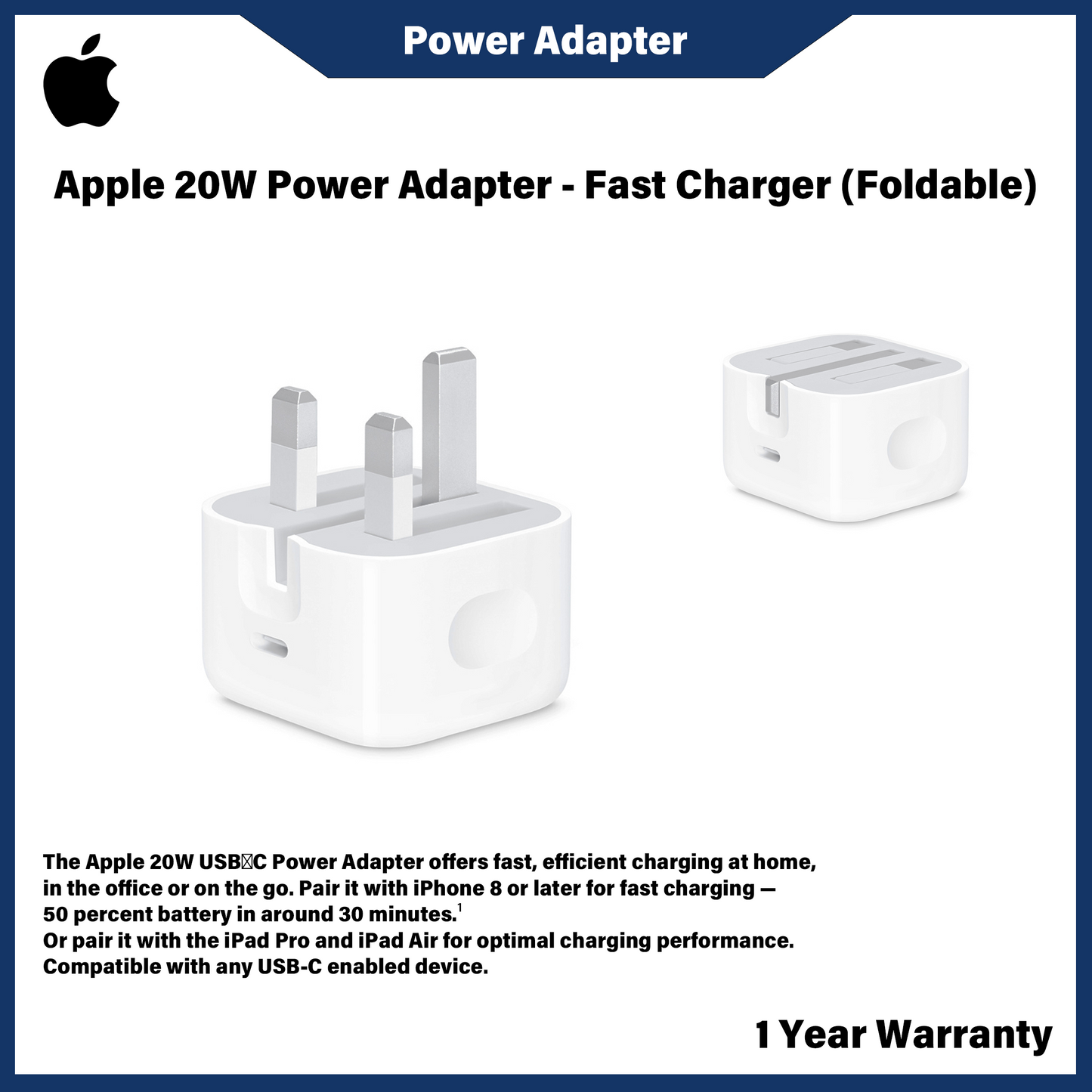 Apple 20W Power Adapter - Fast Charger (Foldable)