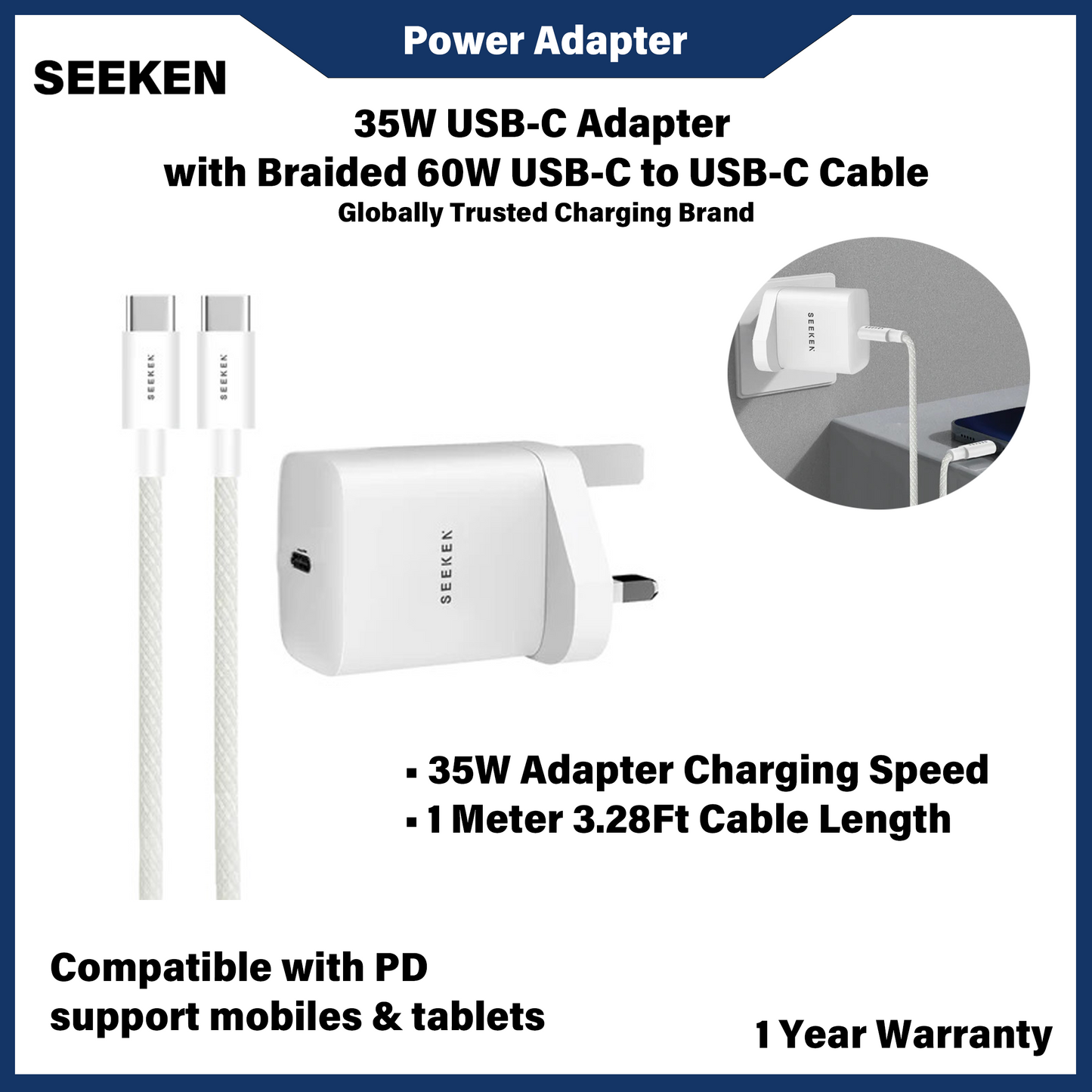 SEEKEN 35W USB-C ADAPTER WITH BRAIDED 60W USB-C TO USB-C CABLE (S-335C)
