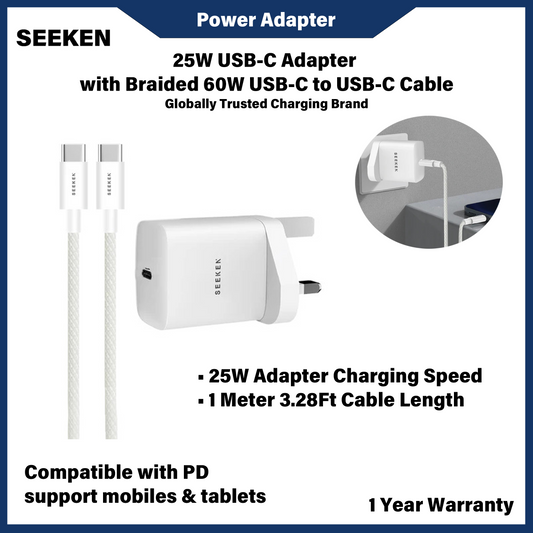 Penyesuai USB-C SEEKEN 25W dengan Kabel USB-C ke USB-C Jalinan 60W 
