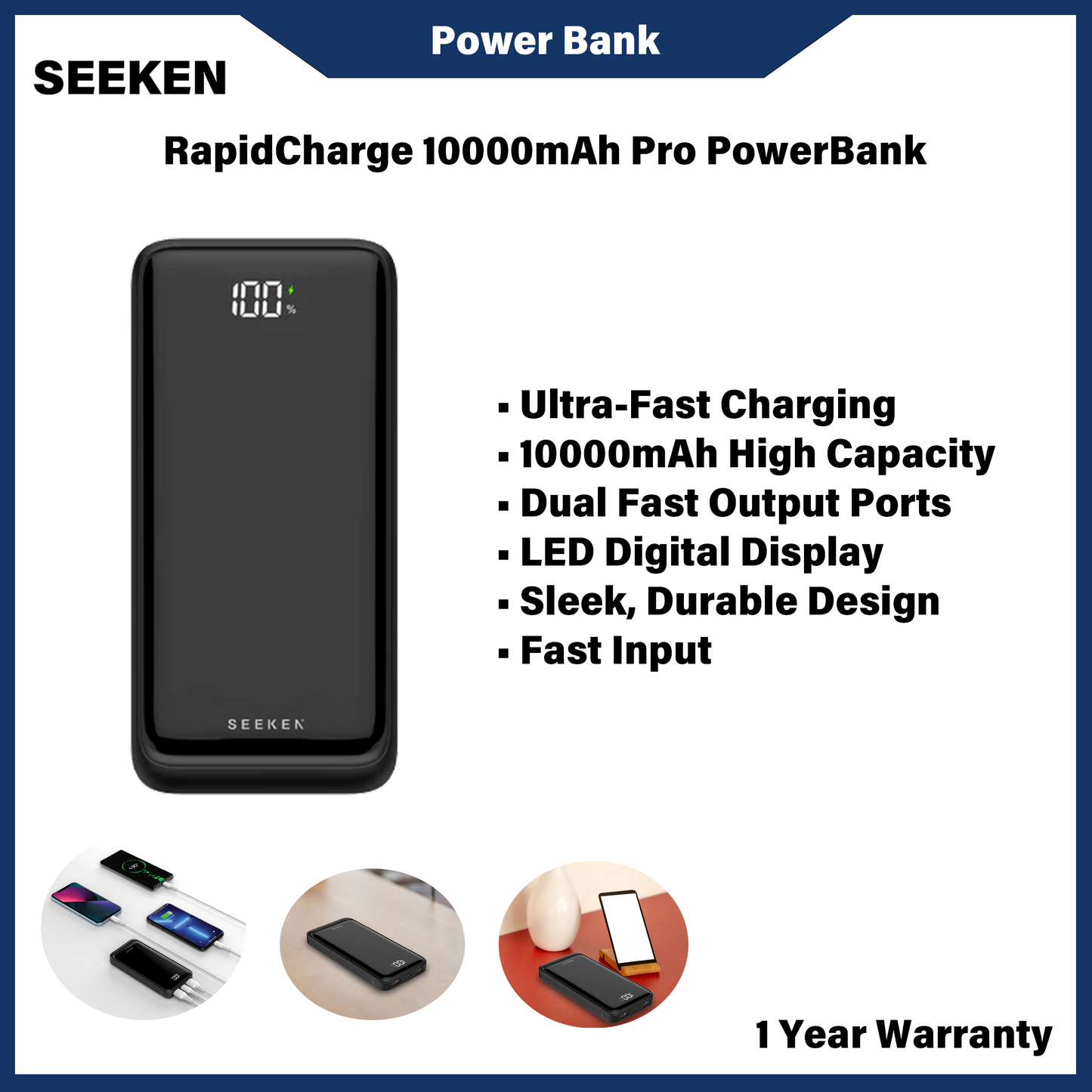 SEEKEN RAPIDCHARGE 10000MAH PRO POWERBANK - (SBO-3)
