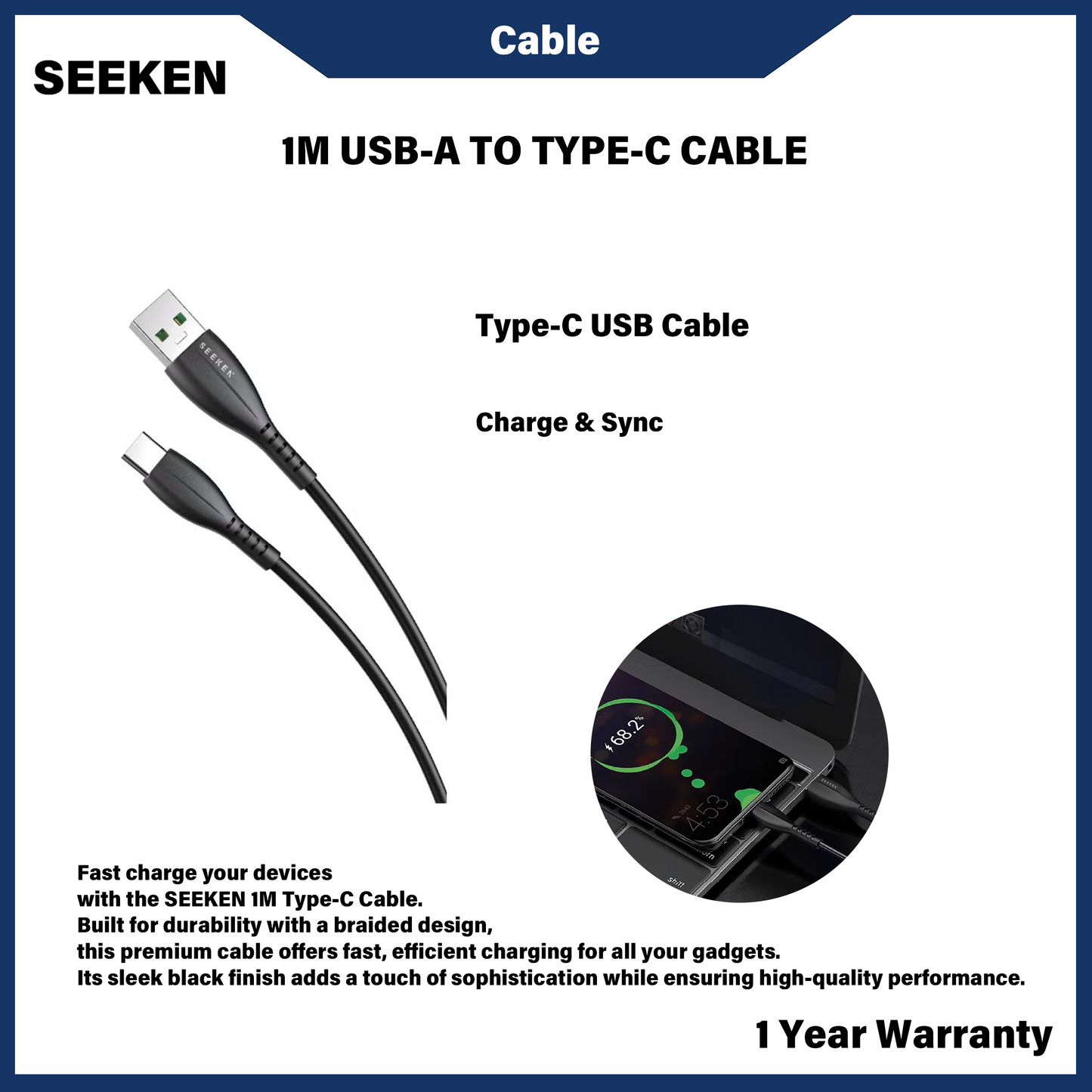 KABEL USB-A KE JENIS-C SEEKEN 1M 