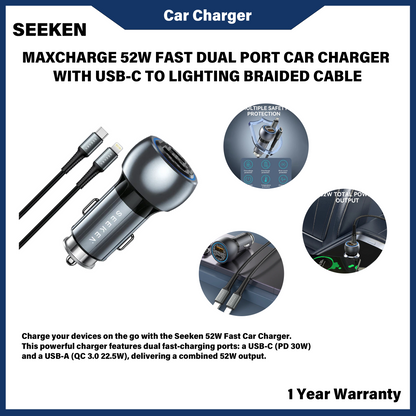 Pengecas Kereta Dwi Port Pantas SEEKEN MaxCharge 52W dengan Kabel Jalinan USB-C ke Lightning 