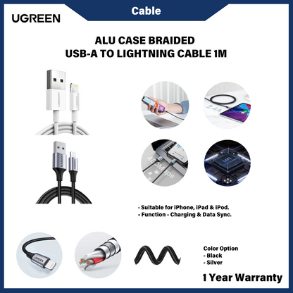 Sarung Alu Kabel UGREEN USB-A Ke Lightning dengan Jalinan 