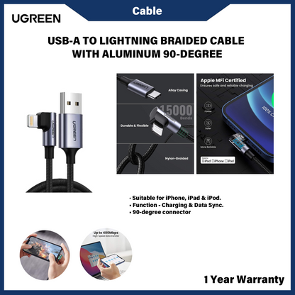 Kabel Lightning Sudut Kanan USB-A UGREEN 1M 