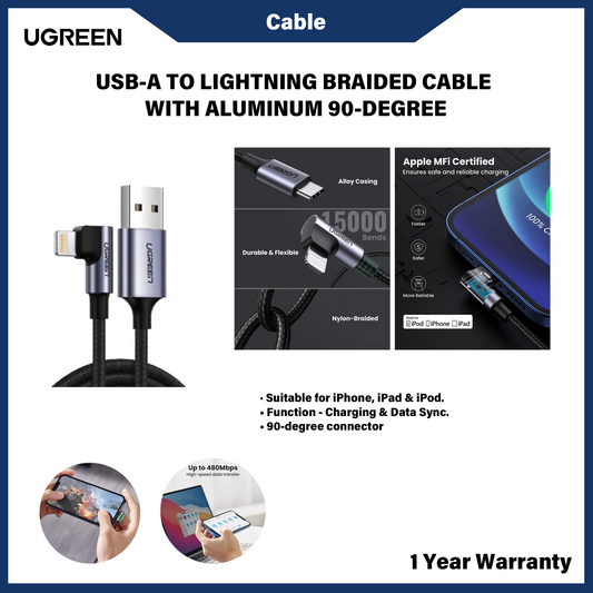 UGREEN USB-A TO LIGHTNING BRAIDED CABLE WITH ALUMINUM 90-DEGREE 1M (60521)