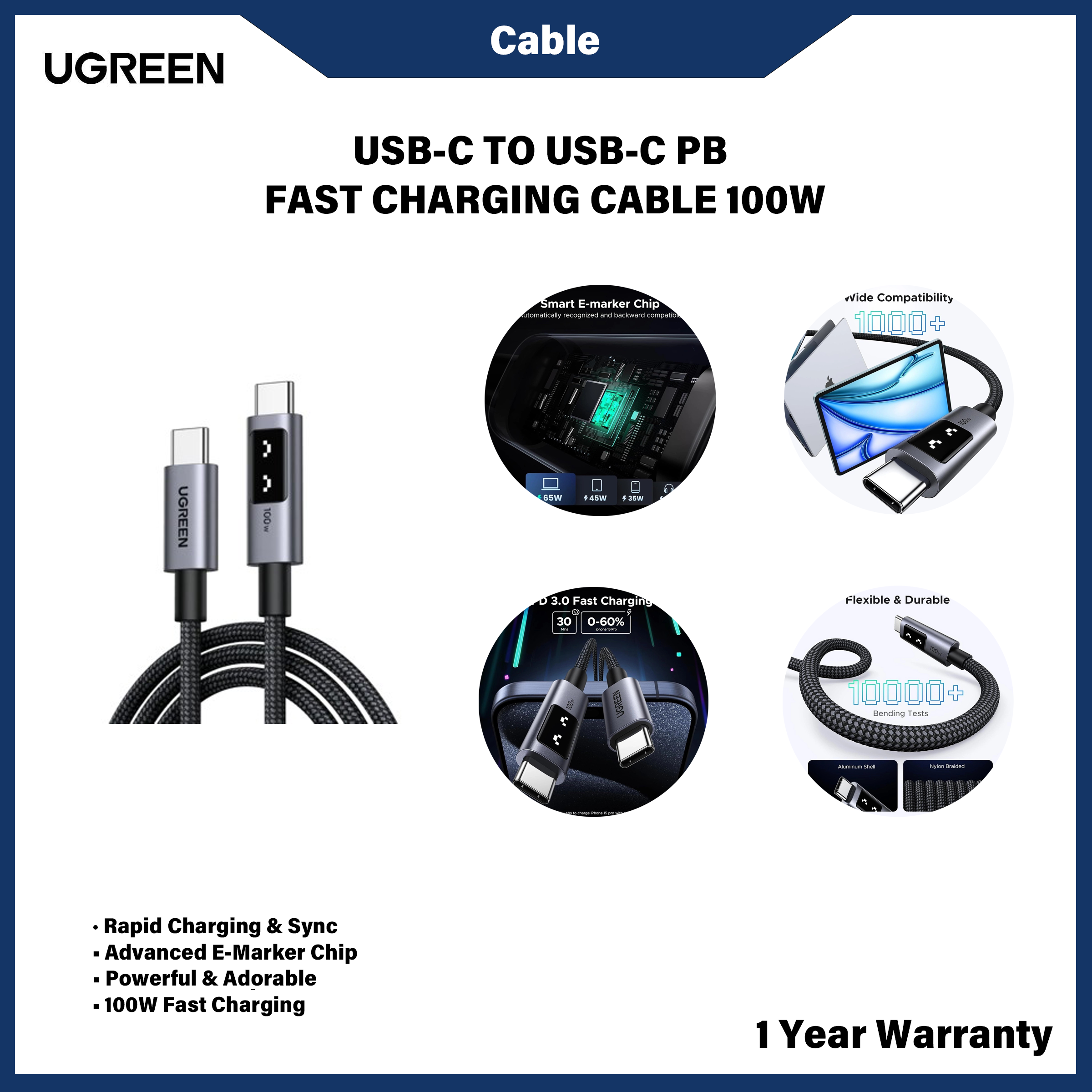 UGREEN USB-C TO USB-C PB FAST CHARGING CABLE 100W 1M | ACCESSORIES ...