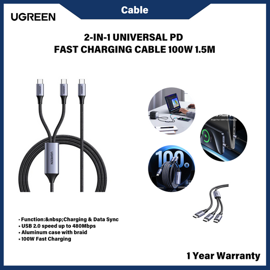 UGREEN 2-IN-1 UNIVERSAL PD FAST CHARGING CABLE 100W 1.5M (35087)