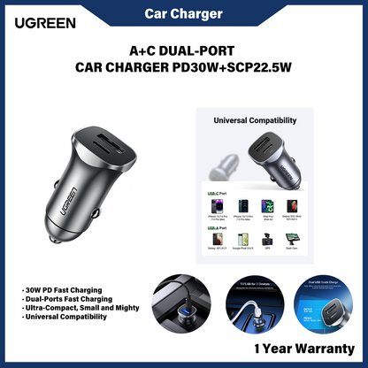 UGREEN A+C DUAL-PORT CAR CHARGER PD30W+SCP22.5W (40858)