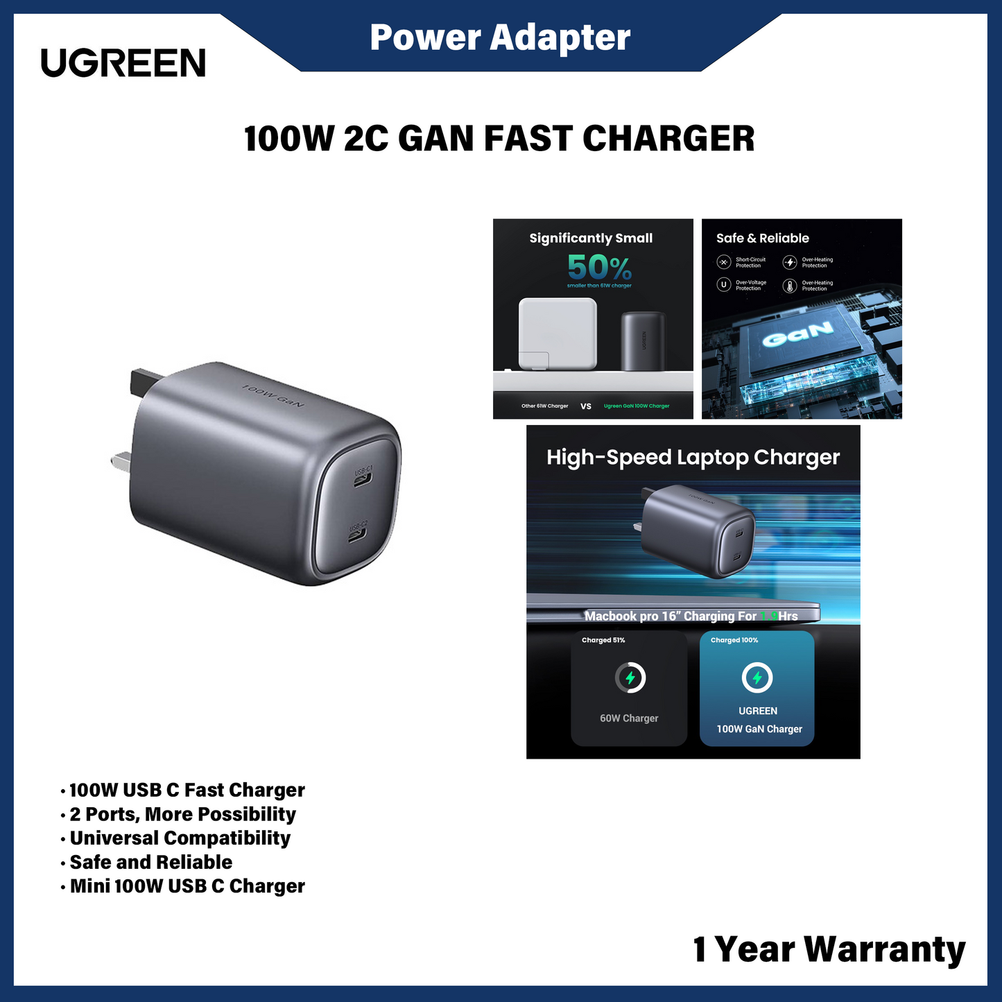 Pengecas Dinding Pantas UGREEN GaN 100W 2C UK Hitam 