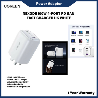 Pengecas Dinding Pantas UGREEN GaN 100W 2C UK Hitam 