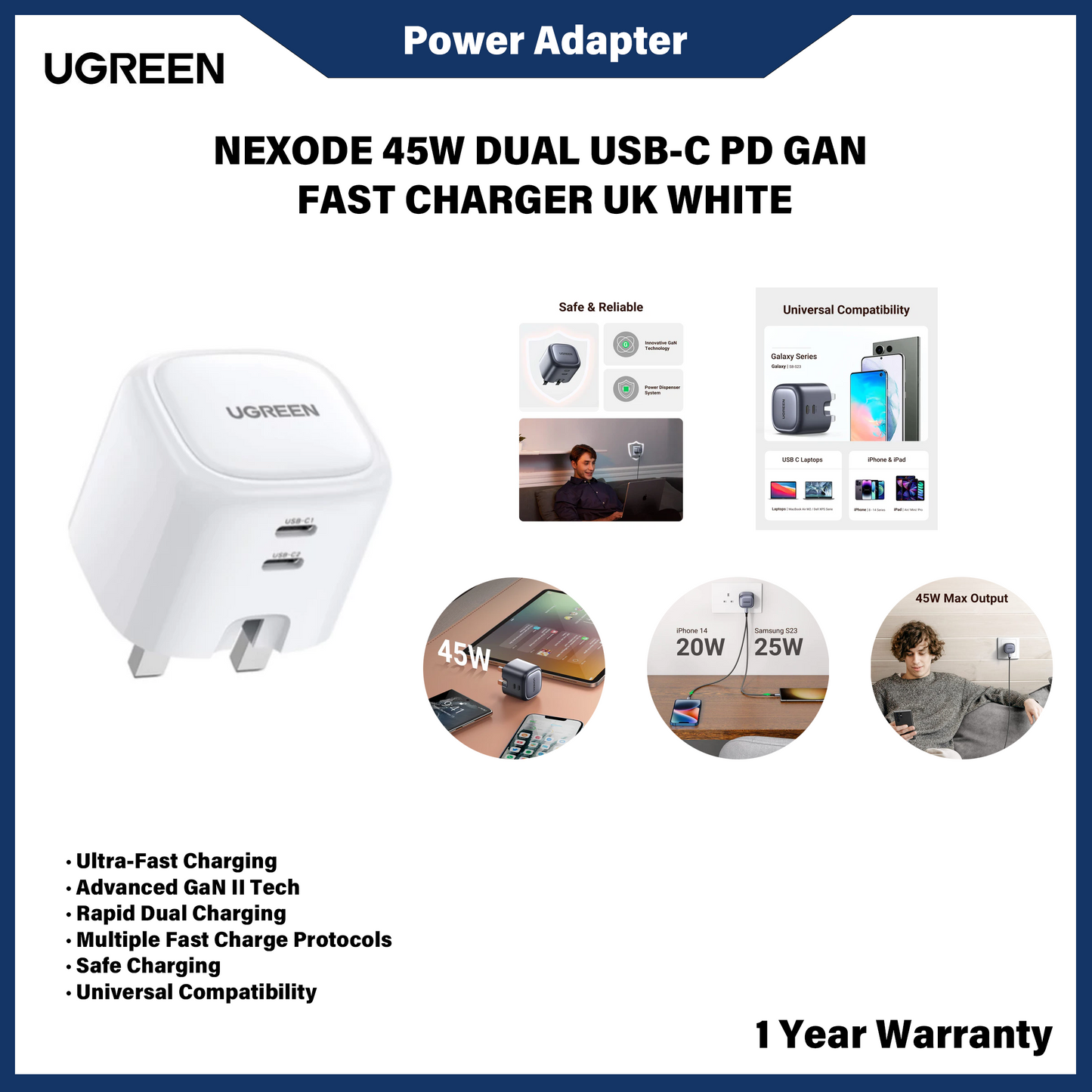 Pengecas Dinding Pantas UGREEN GaN 100W 2C UK Hitam 