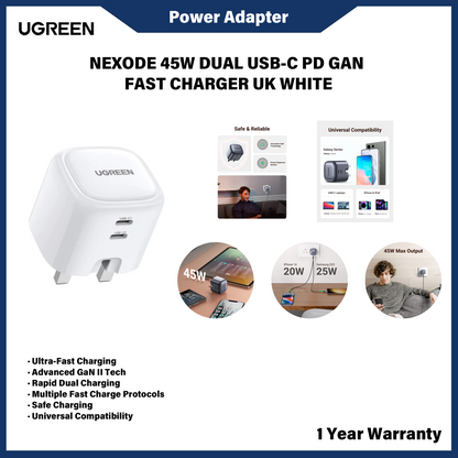 Pengecas Dinding Pantas UGREEN GaN 100W 2C UK Hitam 