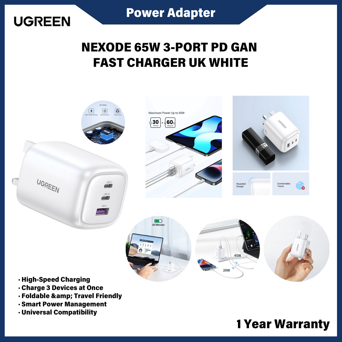 Pengecas Dinding Pantas UGREEN GaN 100W 2C UK Hitam 