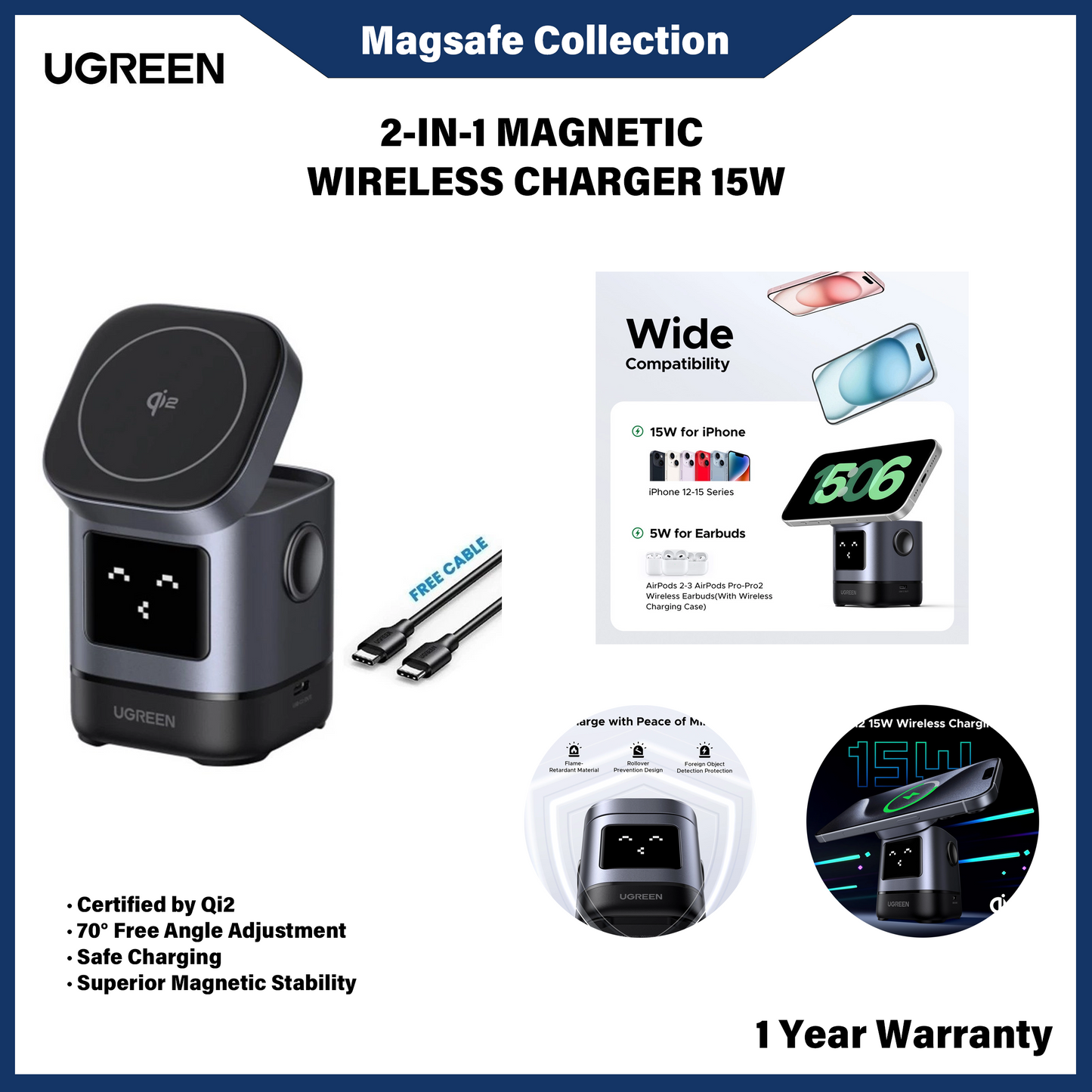 UGREEN 2-IN-1 MAGNETIC WIRELESS CHARGER 15W (45775)