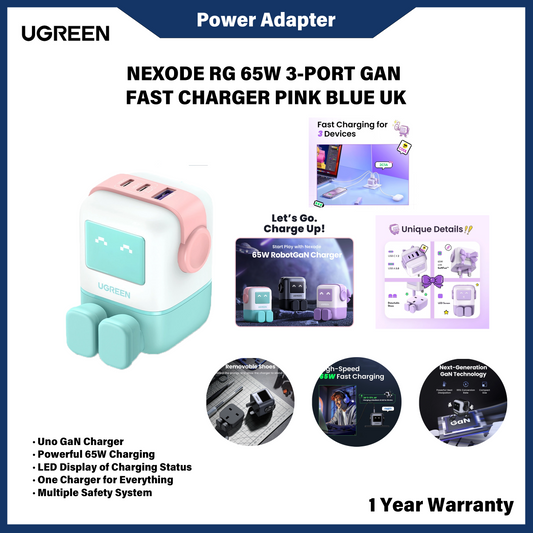 UGREEN 65W Nexode RobotGaN Palam UK USB C USB A 3Port Pengecas Pantas GaN 