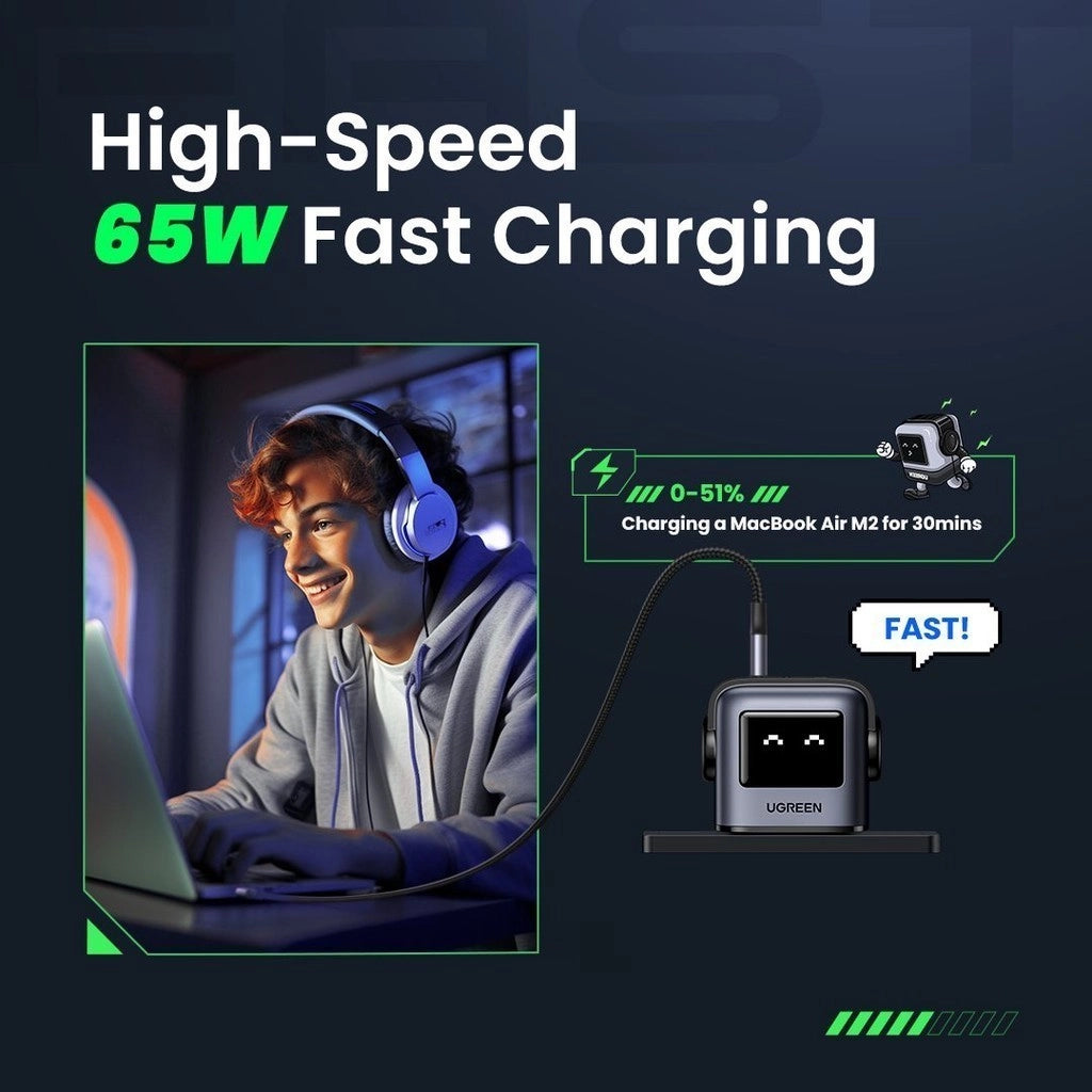 UGREEN 65W Nexode RobotGaN UK Plug USB C USB A 3Ports GaN Fast Charger