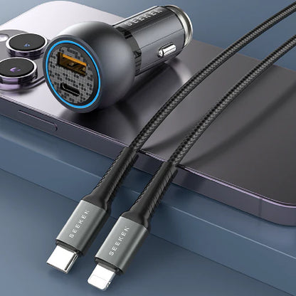 SEEKEN MaxCharge 52W Fast Dual Port Car Charger with USB-C to Lightning Braided Cable