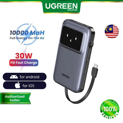 UGREEN Uno Power Bank Built In USB C Cable 10 000mAh 30W Fast Charging Battery Pack TFT Display Powerbank