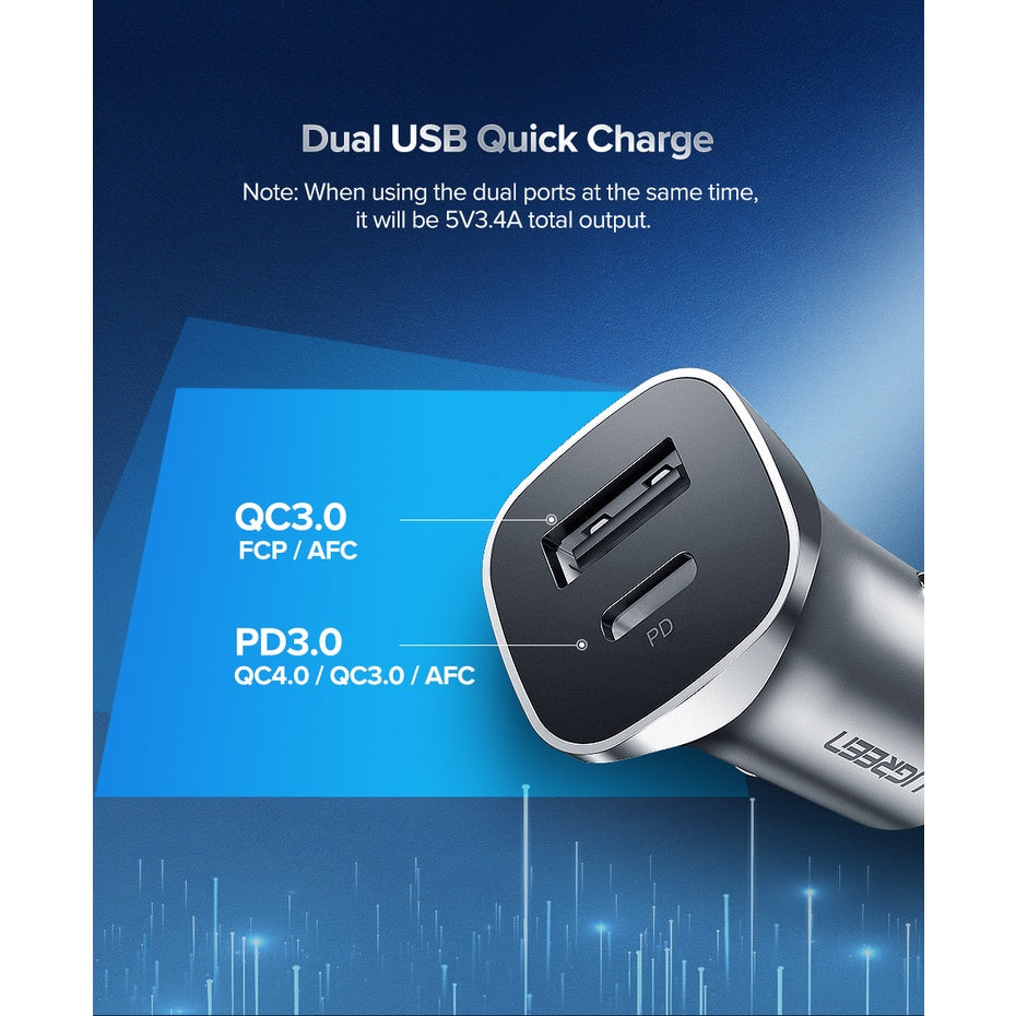 UGREEN 24W USB-C PD+USB-A QC Fast Car Charger