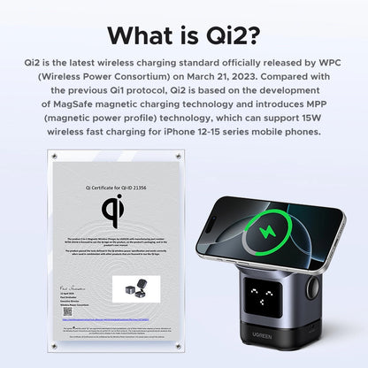 Pengecas Tanpa Wayar Magnetik UGREEN UNO 2 dalam 1 15W Pengecasan Pantas Qi2 Magsafe Boleh Dilipat 