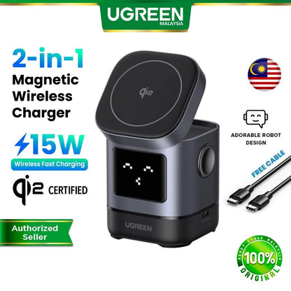 Pengecas Tanpa Wayar Magnetik UGREEN UNO 2 dalam 1 15W Pengecasan Pantas Qi2 Magsafe Boleh Dilipat 